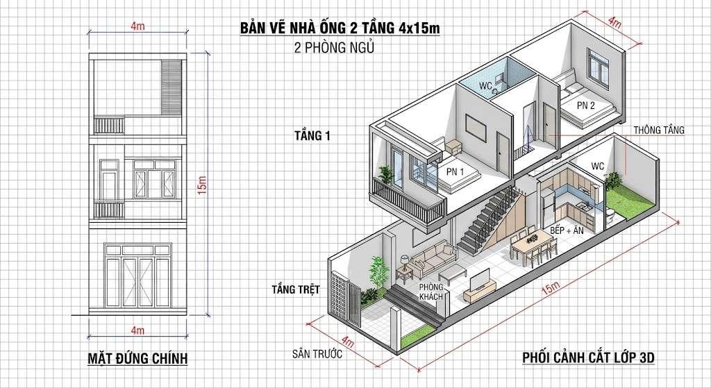 Bản vẽ mặt bằng chia không gian chuẩn cho nhà 4x15m