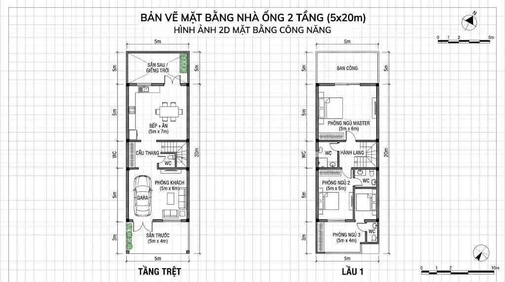 Bản vẽ 2D nhà 5x20m có phòng ngủ tầng 1 cho người già