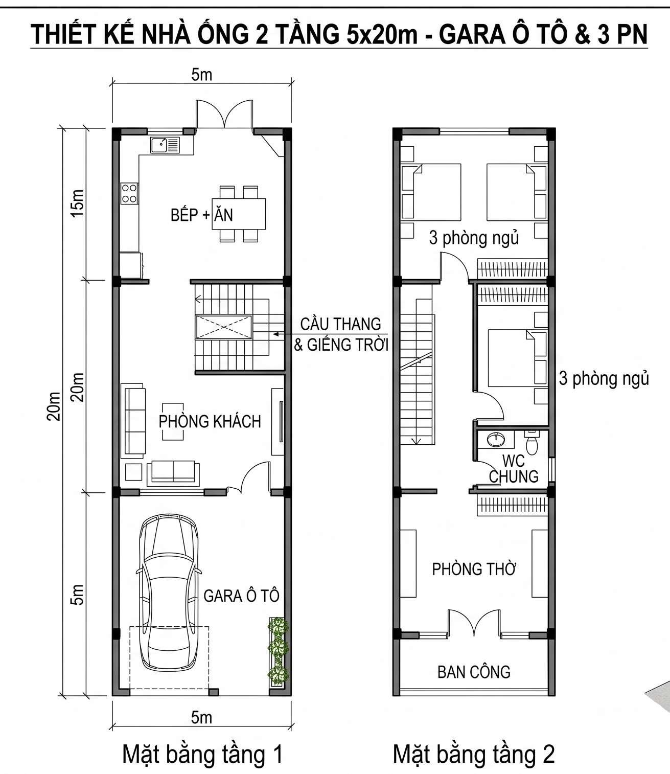 Bản vẽ mặt bằng nhà 5x20m tích hợp gara ô tô trong nhà