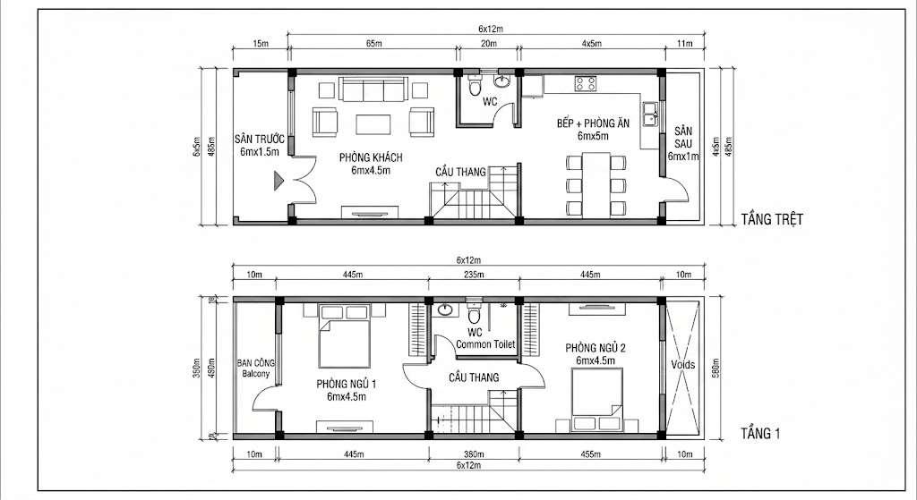 Bản vẽ mặt bằng 2D chia đôi luồng tiếp cận cho nhà ngang 6m
