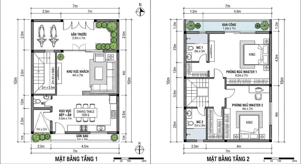 Bản vẽ 2D nhà 7x10m bố trí công năng chạy dọc mặt tiền