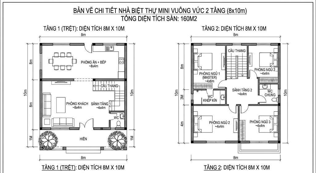 Bản vẽ mặt bằng 8x10m dáng biệt thự mini vuông vức