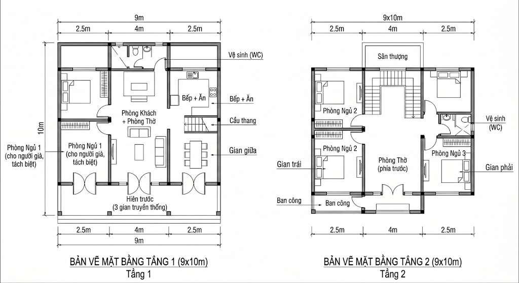 Bản vẽ 2D nhà mặt tiền 9m chia làm 3 gian truyền thống