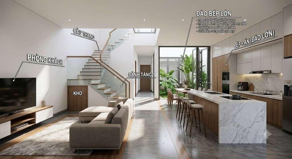 Thiết kế tầng trệt với đảo bếp lớn và không gian mở
