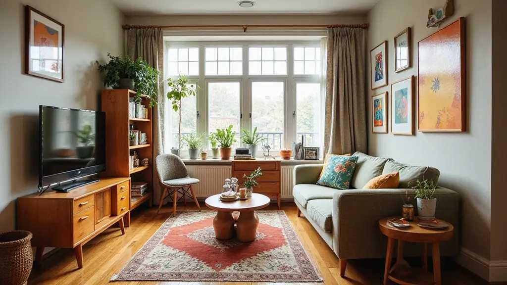 Mẫu phòng trọ Vintage sử dụng kệ gỗ màu cánh gián kết hợp các chậu cây dây leo xanh mát (Nguồn: Internet).