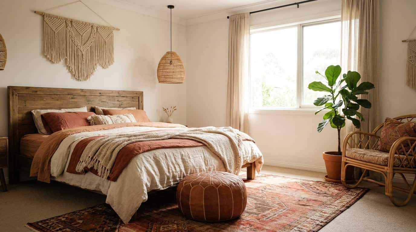 Mẫu phòng trọ phong cách Bohemian nổi bật với thảm treo tường macrame đan tay cầu kỳ (Nguồn: Internet).