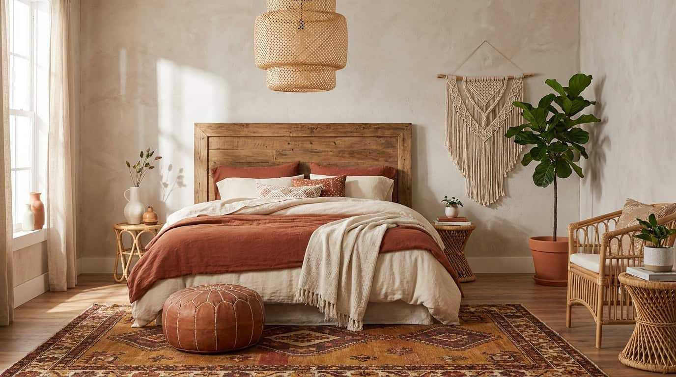 Mẫu phòng trọ Bohemian sử dụng nội thất mây tre đan mộc mạc và đèn lồng mây ấm cúng (Nguồn: Internet).