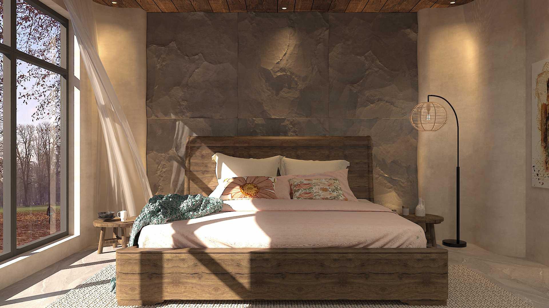 Mẫu phòng ngủ phong cách Wabi Sabi sử dụng ga trải giường vải linen nhăn tự nhiên (Nguồn: Internet).