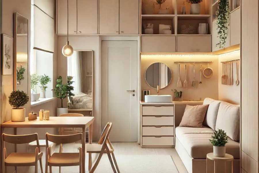 Mẫu phòng trọ tone sáng sử dụng gương lớn toàn thân phản chiếu ánh sáng nhân đôi diện tích (Nguồn: Internet).