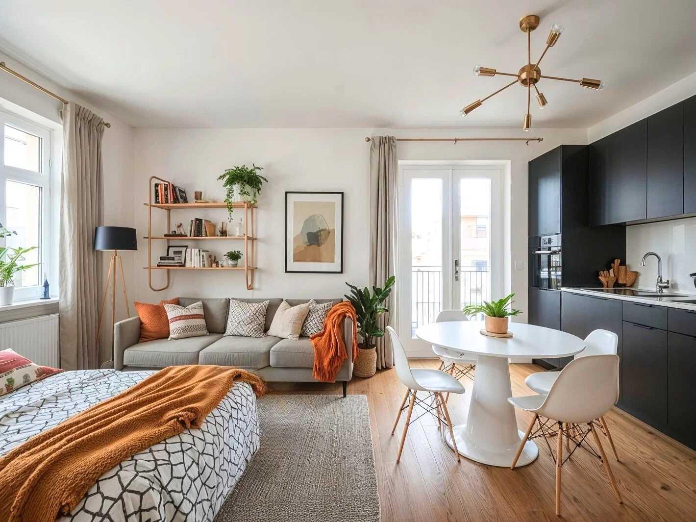 Mẫu phòng studio hiện đại tối ưu nguồn sáng tự nhiên từ ô cửa sổ kính lớn cạnh giường (Nguồn: Internet).