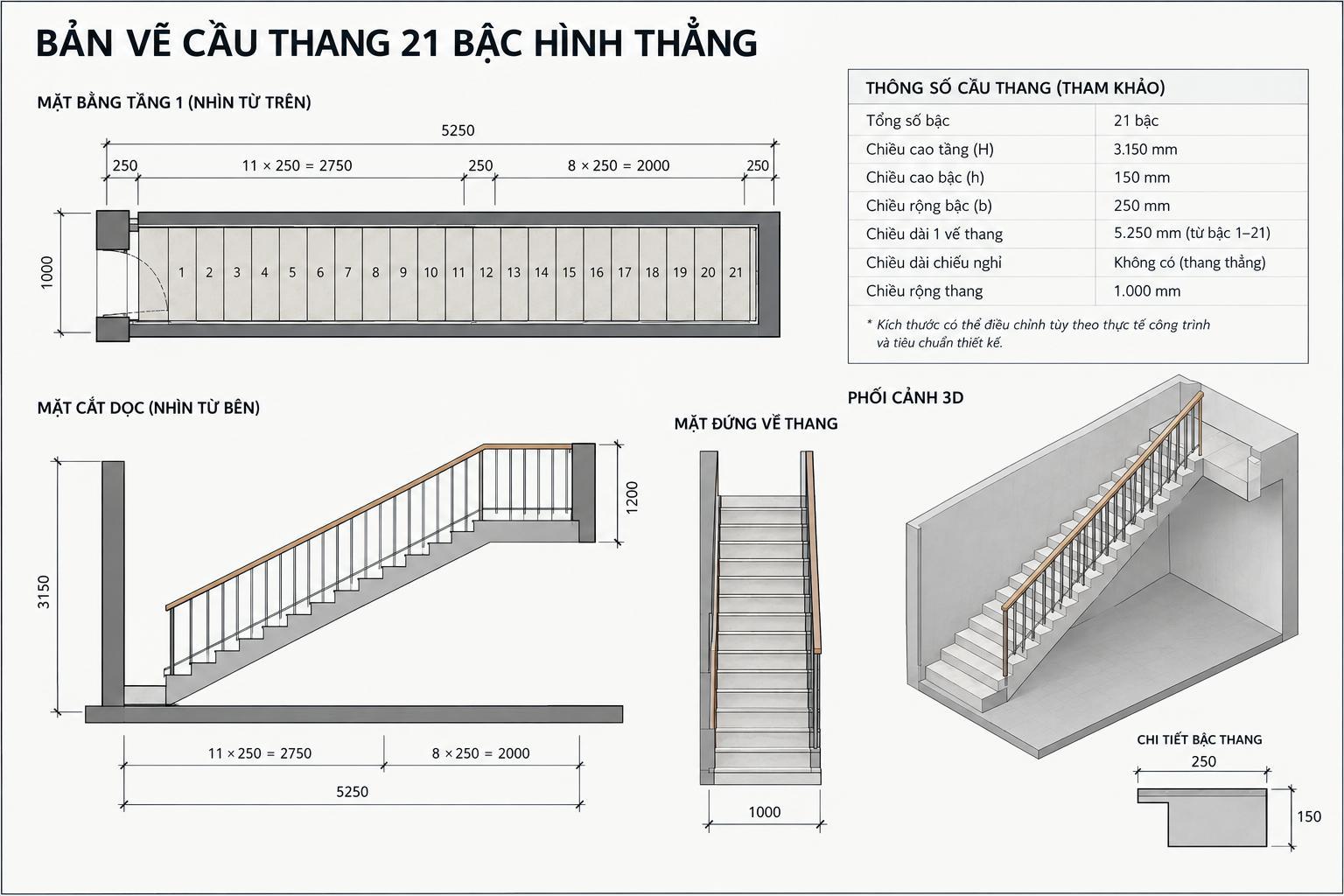 Bản vẽ chi tiết cầu thang 21 bậc dạng thẳng