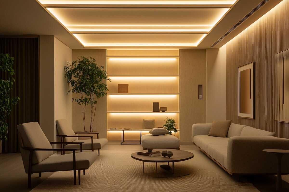 Trần chìm giật cấp có khe hắt sáng giúp làm nổi bật các lớp tạo hình trên bề mặt trần.