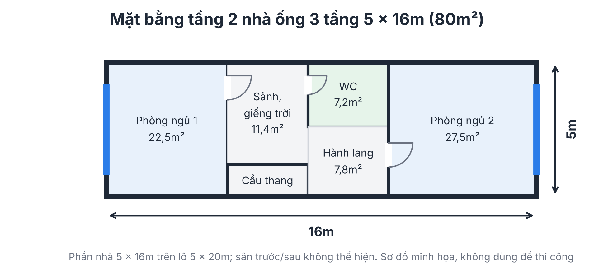 Bản vẽ mặt bằng tầng 2 nhà ống 3 tầng, phần nhà 5x16m trên lô đất 5x20m