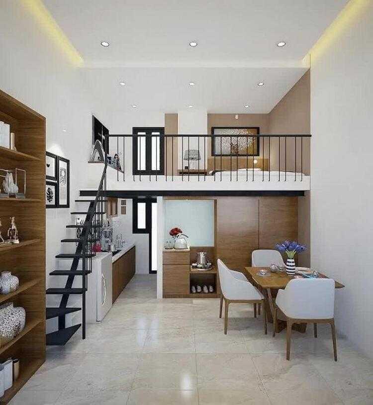 Thiết kế nhà cấp 4 gác lửng hình chữ nhật, bố trí công năng đơn giản giúp tối ưu diện tích và khối lượng thi công.