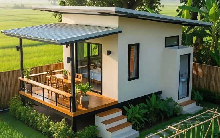 Thiết kế nhà cấp 4 gác lửng mái lệch kết hợp hiên trước nhà (Nguồn: Internet)