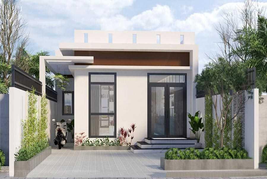 Thiết kế nhà cấp 4 gác lửng mái bằng có sân trước trồng cây, để xe (Nguồn: Internet)