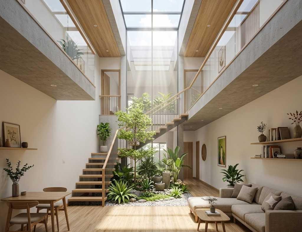Hệ mái lấy sáng phía trên cầu thang giúp cải thiện độ sáng cho nhà cấp 4 có chiều sâu lớn