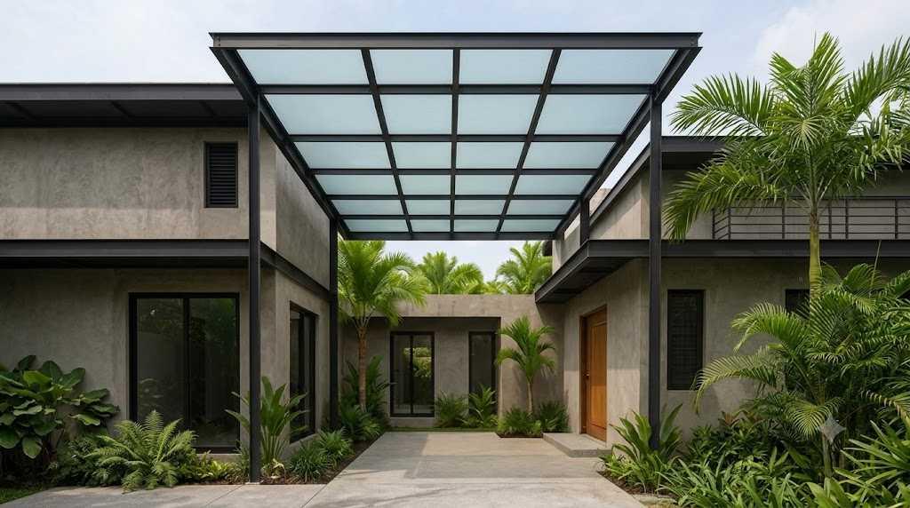 Giếng trời mái kính cố định giúp lấy sáng và che mưa cho không gian bên dưới