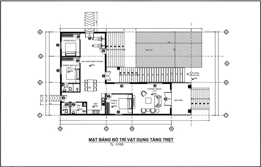 Mặt bằng nhà cấp 4 chữ L 100m² 3 phòng ngủ