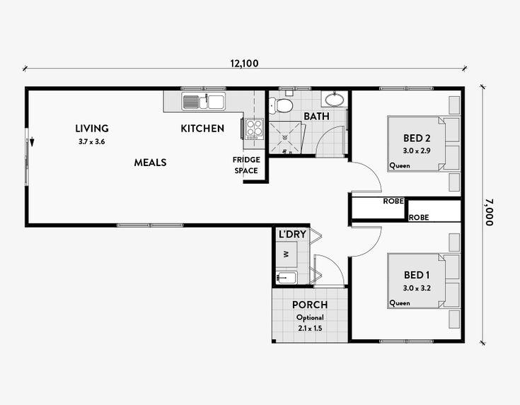 Mặt bằng nhà cấp 4 mái bằng chữ L có 2 phòng ngủ