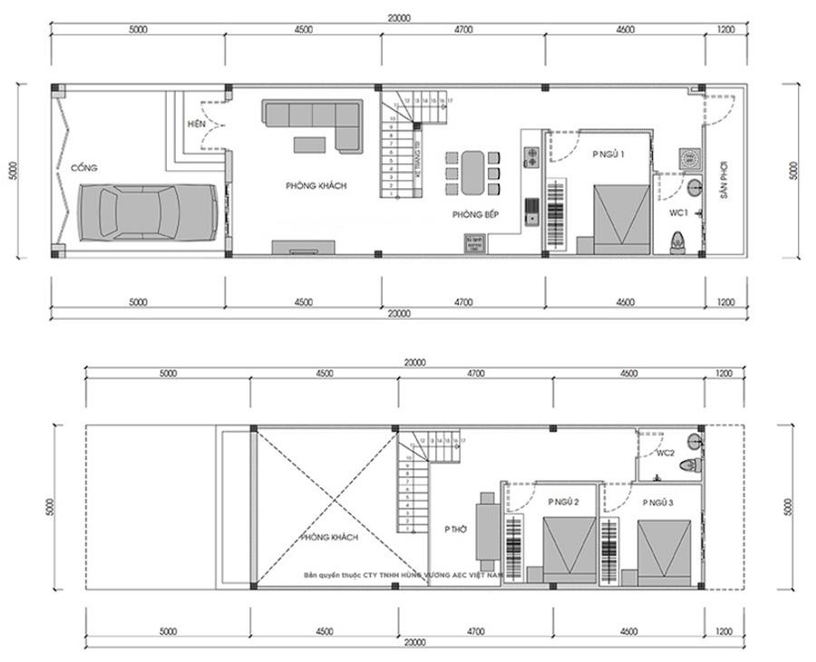 Mặt bằng nhà cấp 4 mái bằng có gác lửng và 2 phòng ngủ