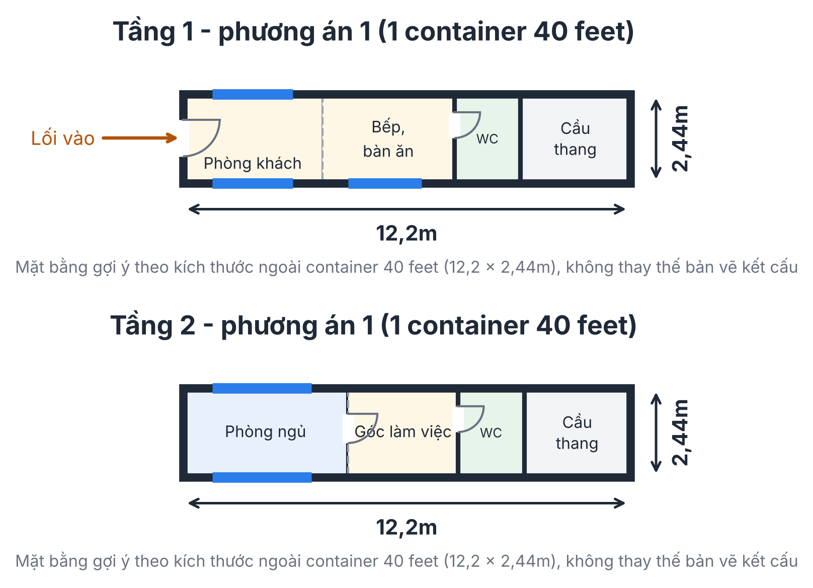 Mặt bằng tầng 1 và tầng 2 nhà container 2 tầng xếp chồng 2 container 40 feet