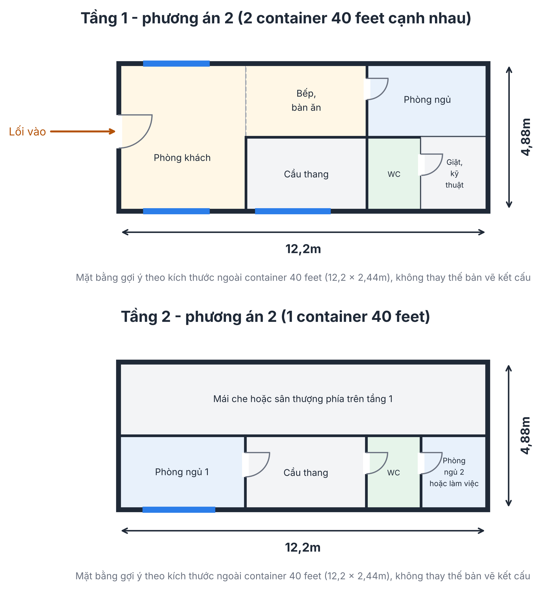 Mặt bằng nhà container 2 tầng gồm 2 container tầng 1 và 1 container tầng 2
