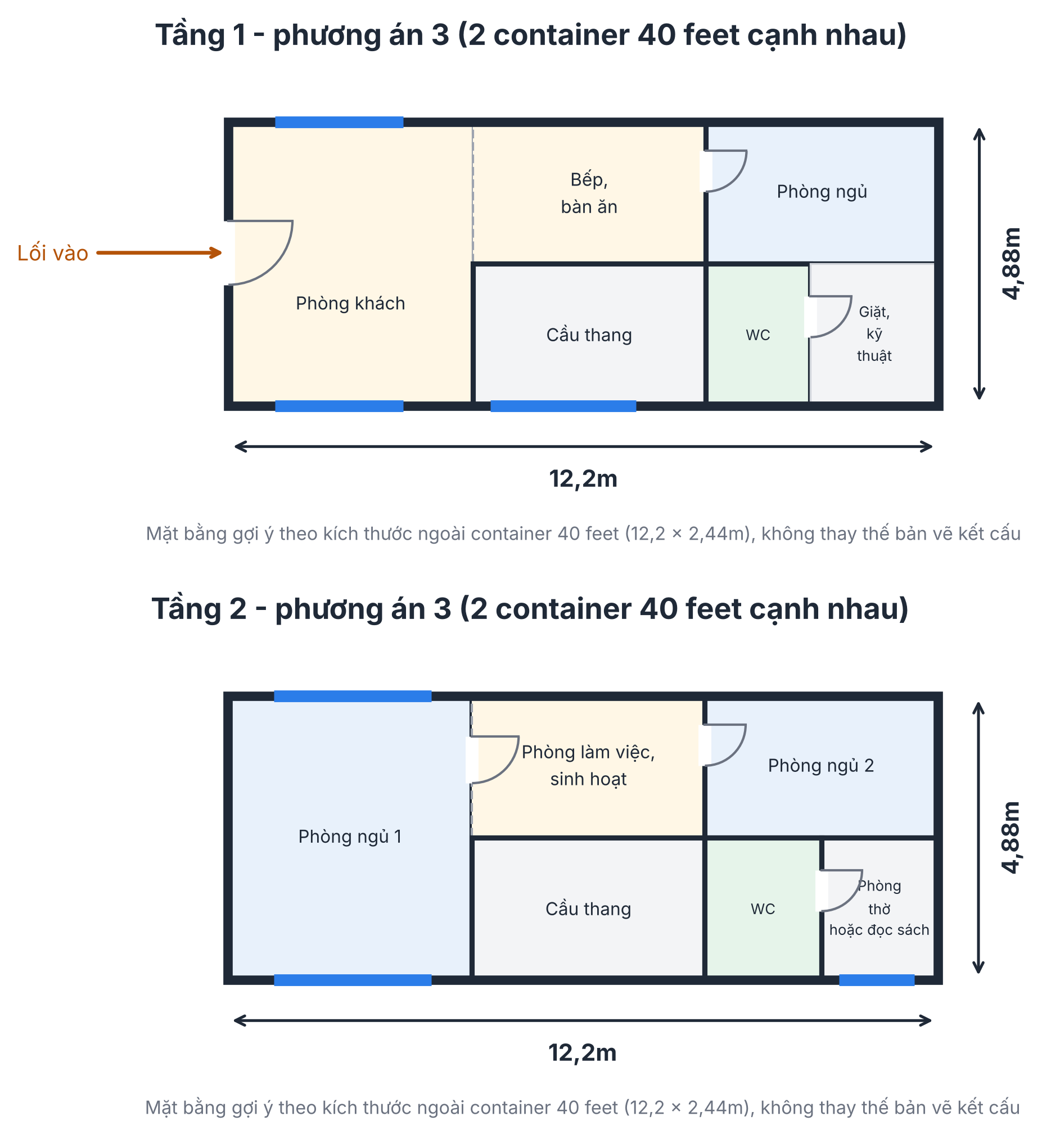 Mặt bằng nhà container 2 tầng gồm 2 container mỗi tầng