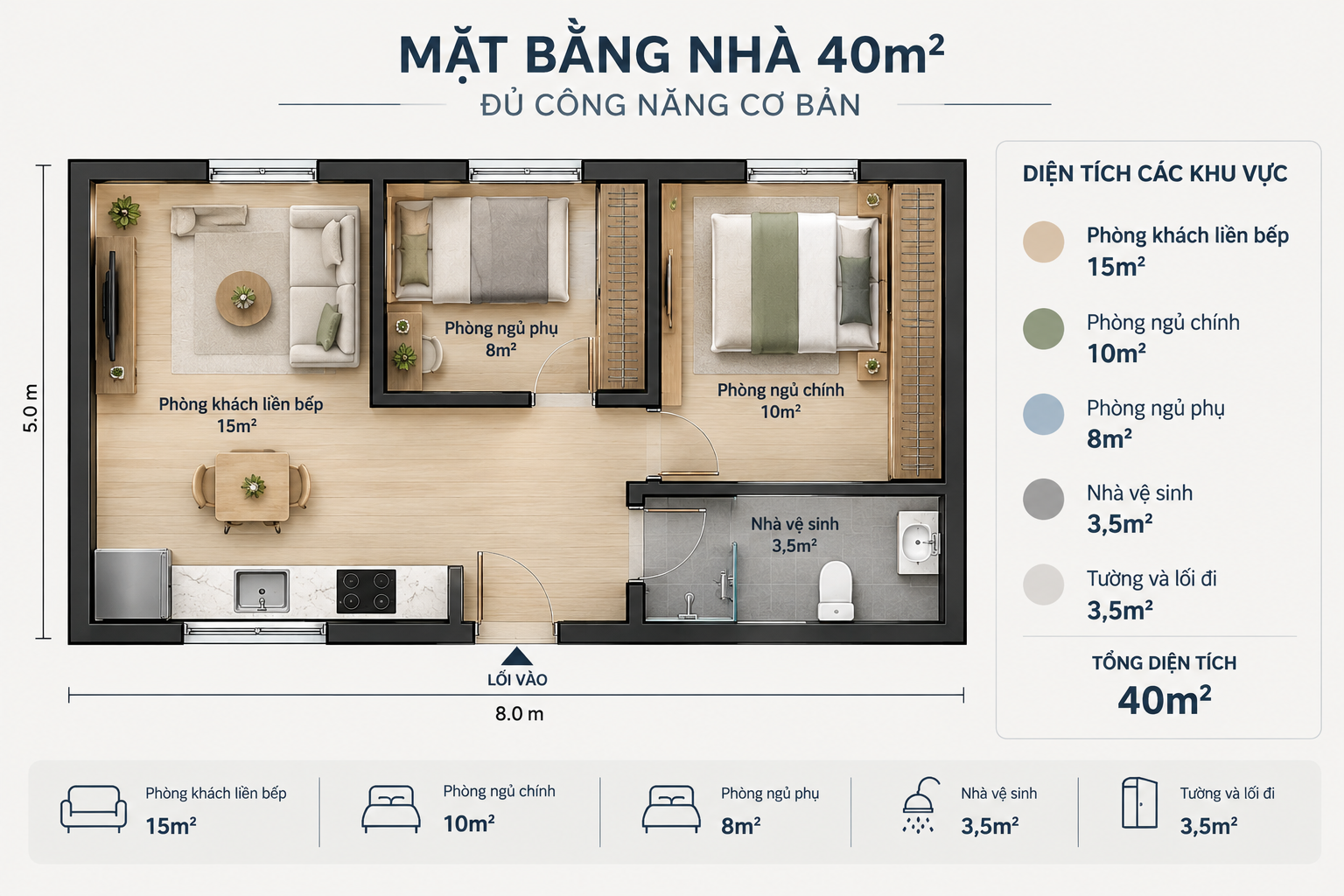 Mặt bằng nhà 40m² đủ công năng cơ bản