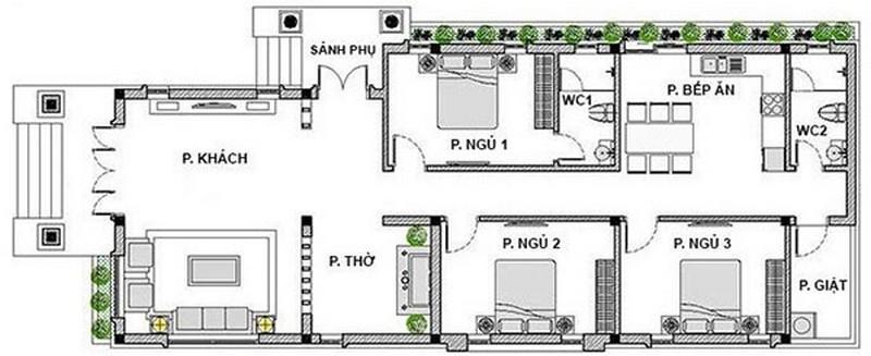 Bản vẽ nhà cấp 4 7x15 đẹp có 3 phòng ngủ, 1 phòng thờ và 2 nhà vệ sinh