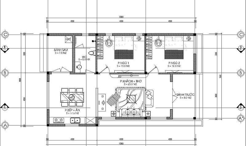 Bản vẽ nhà cấp 4 7x15 đẹp có 2 phòng ngủ lớn