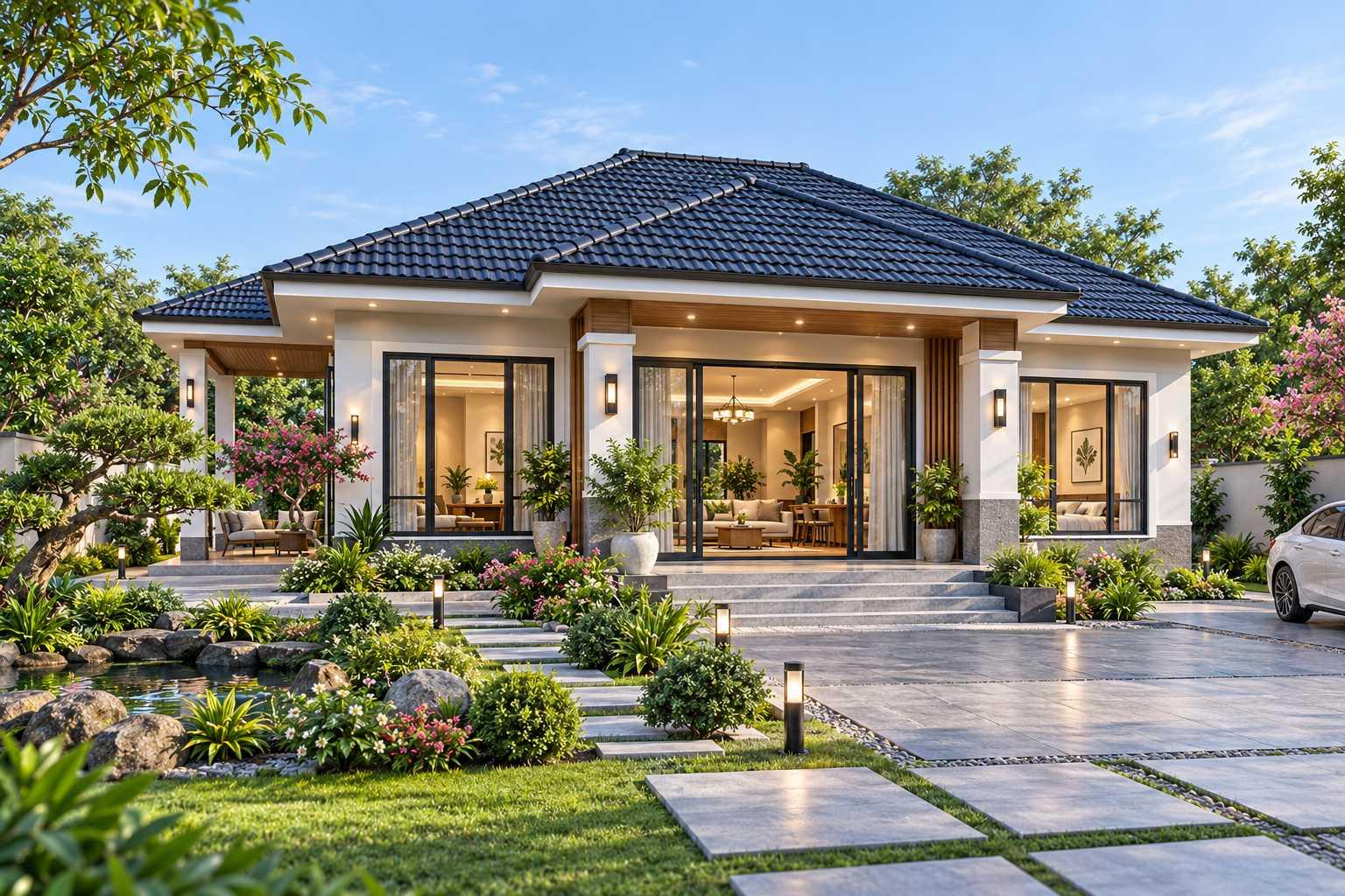 Nhà cấp 4 3 phòng ngủ mái Nhật kết hợp sân vườn tạo không gian sống gần gũi thiên nhiên
