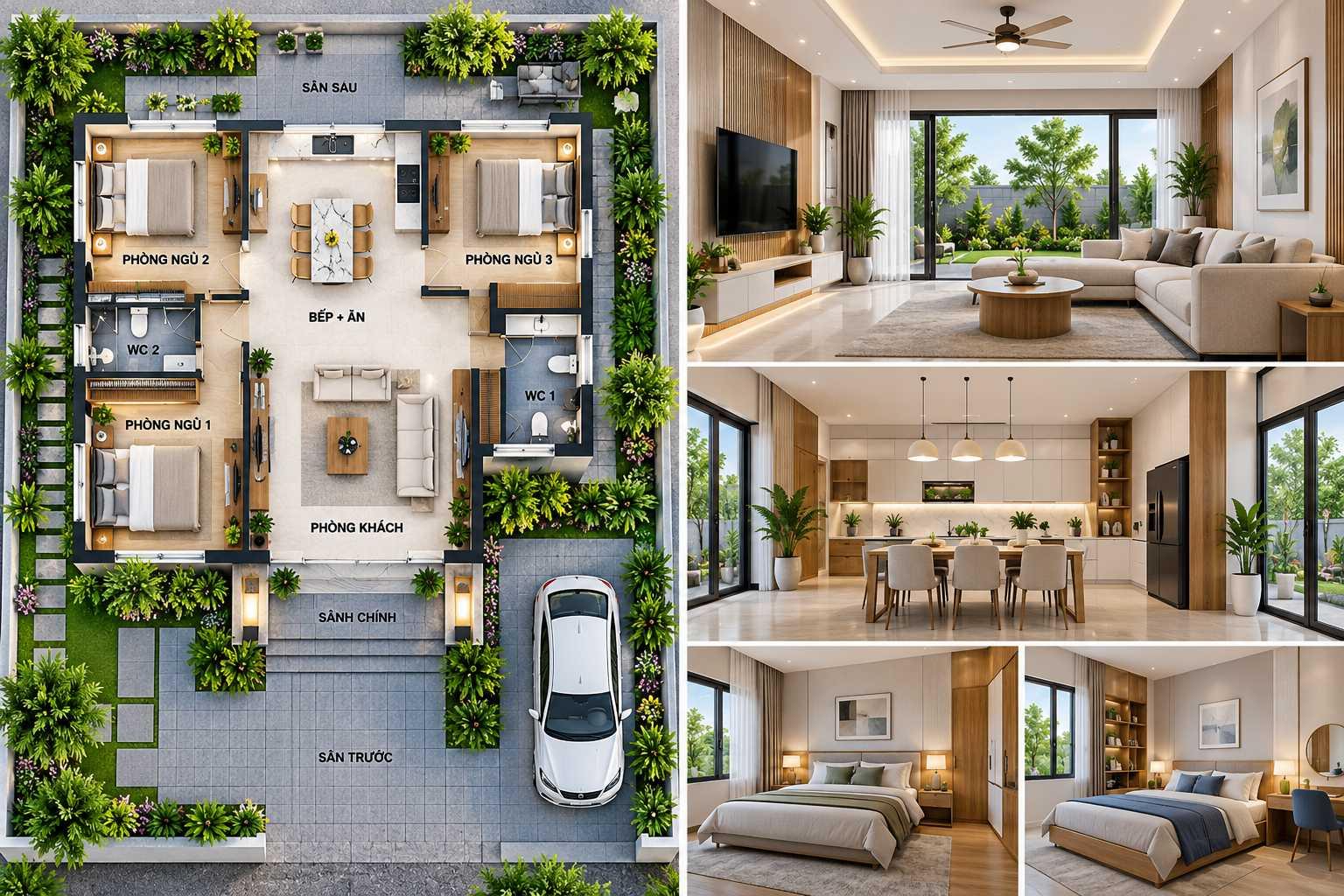Bản vẽ 3D nhà cấp 4 mái bằng bố trí 3 phòng ngủ và các khu vực chức năng trên diện tích 120m2