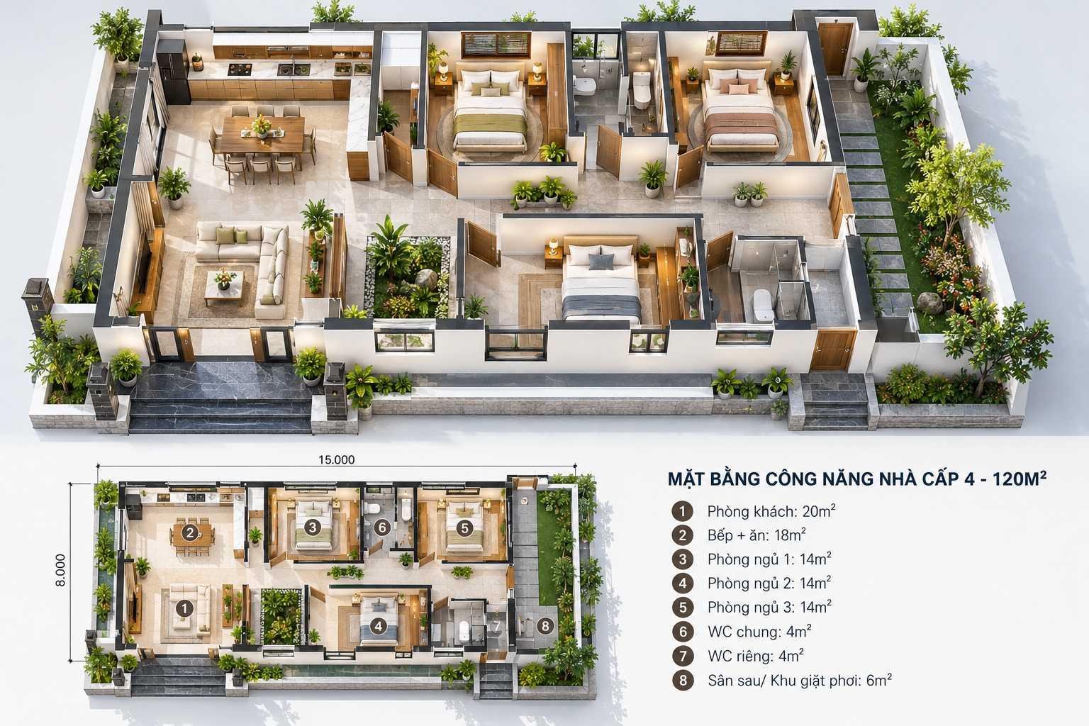 Nhà cấp 4 120m2 bố trí 3 phòng ngủ so le hai bên hành lang giúp phân chia không gian hợp lý