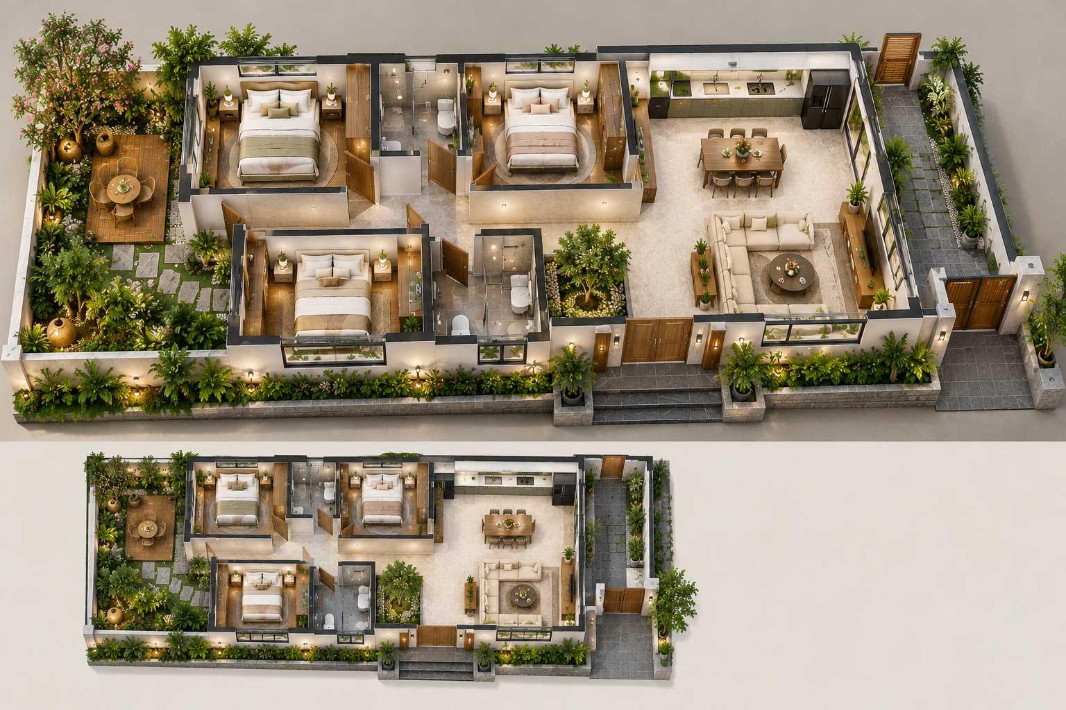Mẫu nhà cấp 4 có các phòng ngủ đối diện lệch cửa nhằm tăng sự riêng tư