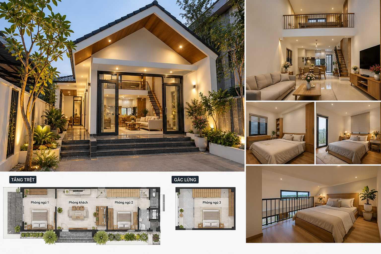 Mẫu nhà cấp 4 bố trí 2 phòng ngủ tầng trệt và 1 phòng ngủ trên gác lửng giúp phân chia công năng linh hoạt