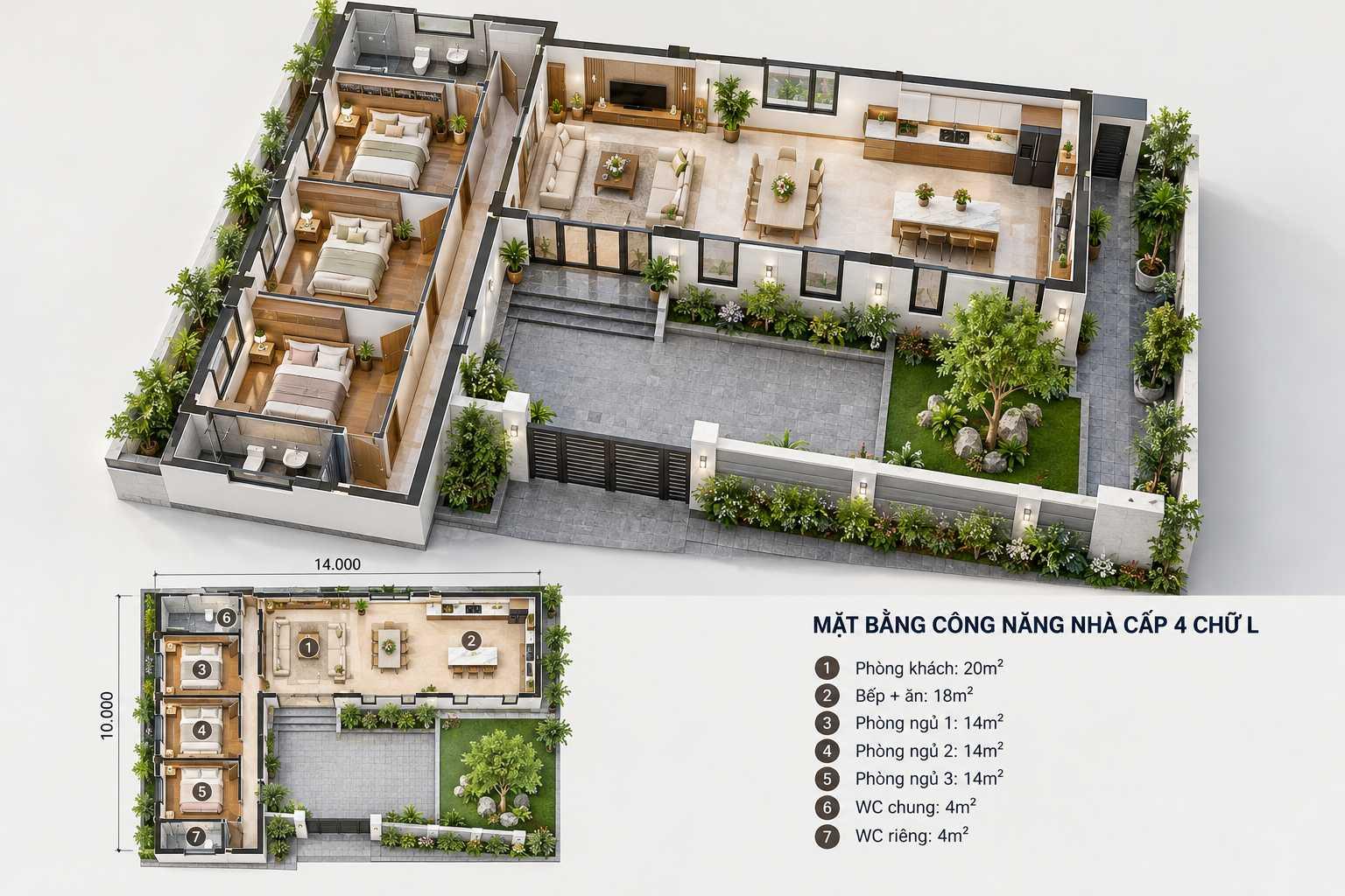 Bản vẽ 3D nhà cấp 4 chữ L bố trí 3 phòng ngủ tại một cánh nhà và phòng khách, bếp ở cánh còn lại