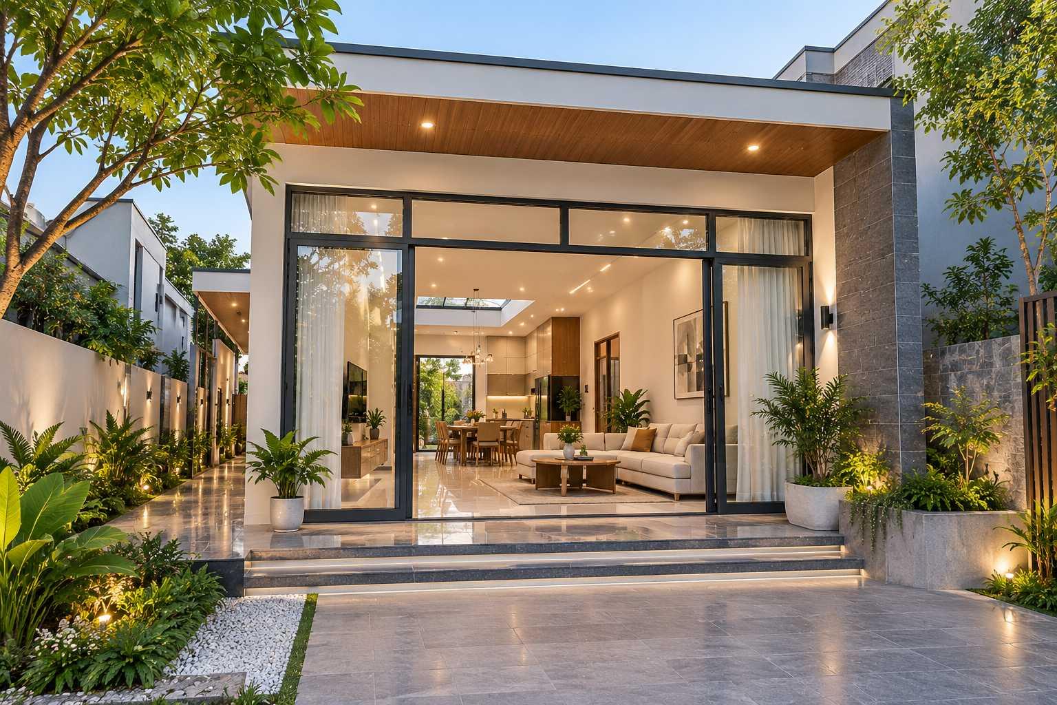 Nhà ống cấp 4 diện tích 120m2 sử dụng cửa kính lớn để tăng ánh sáng cho phòng khách