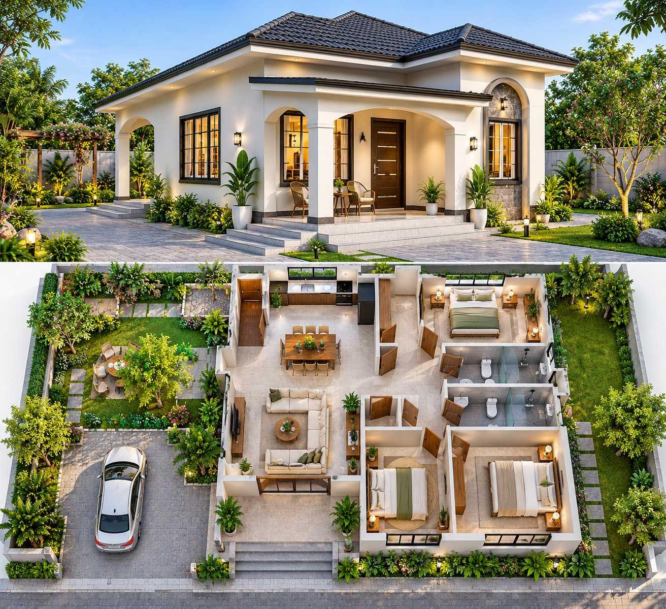 Mẫu nhà cấp 4 3 phòng ngủ kết hợp sân vườn xanh mát và lối đi lát đá