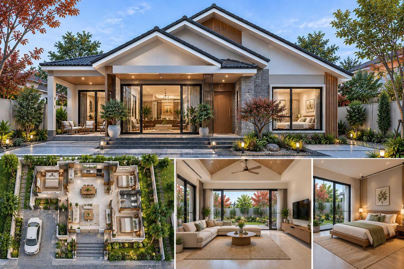 Mẫu nhà cấp 4 3 phòng ngủ mái Thái có hệ mái dốc giật cấp tạo điểm nhấn kiến trúc