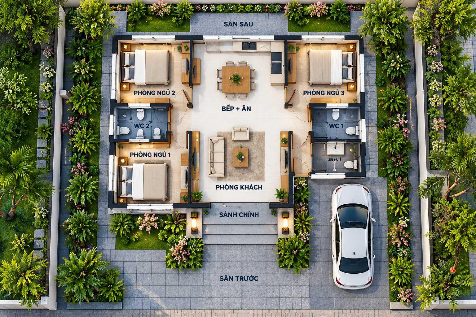 Bản vẽ 3D nhà cấp 4 mái Thái 120m2 bố trí 3 phòng ngủ cùng phòng khách và bếp