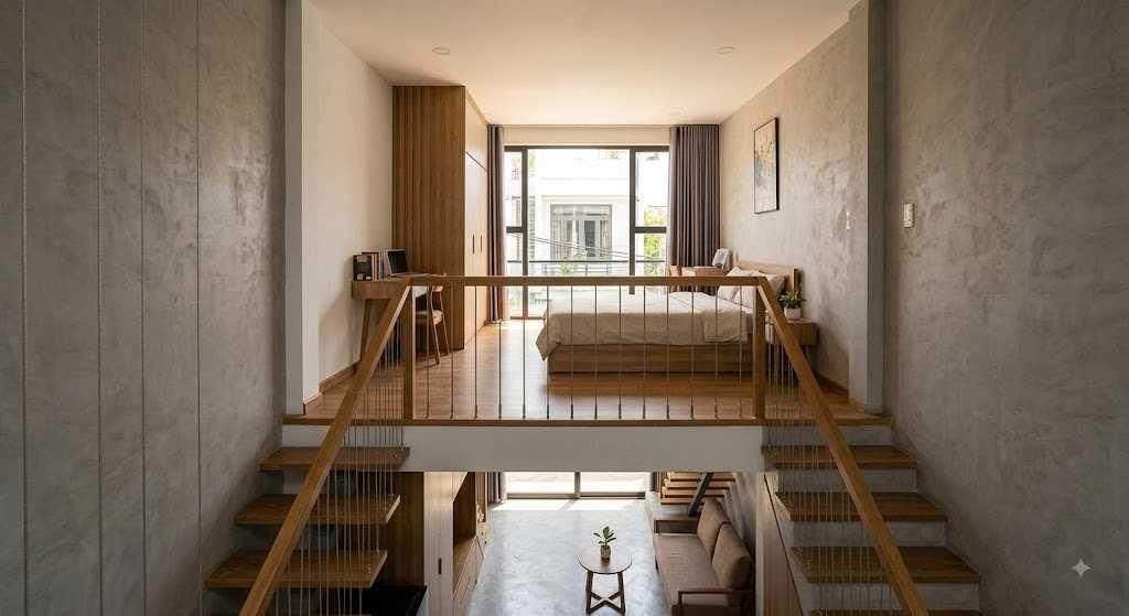 Kiến trúc gác lửng lùi về sau mang lại không gian thông tầng bề thế