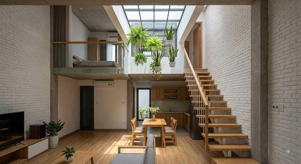 Tiểu cảnh cây xanh được bố trí dưới giếng trời tạo sự sinh động cho ngôi nhà