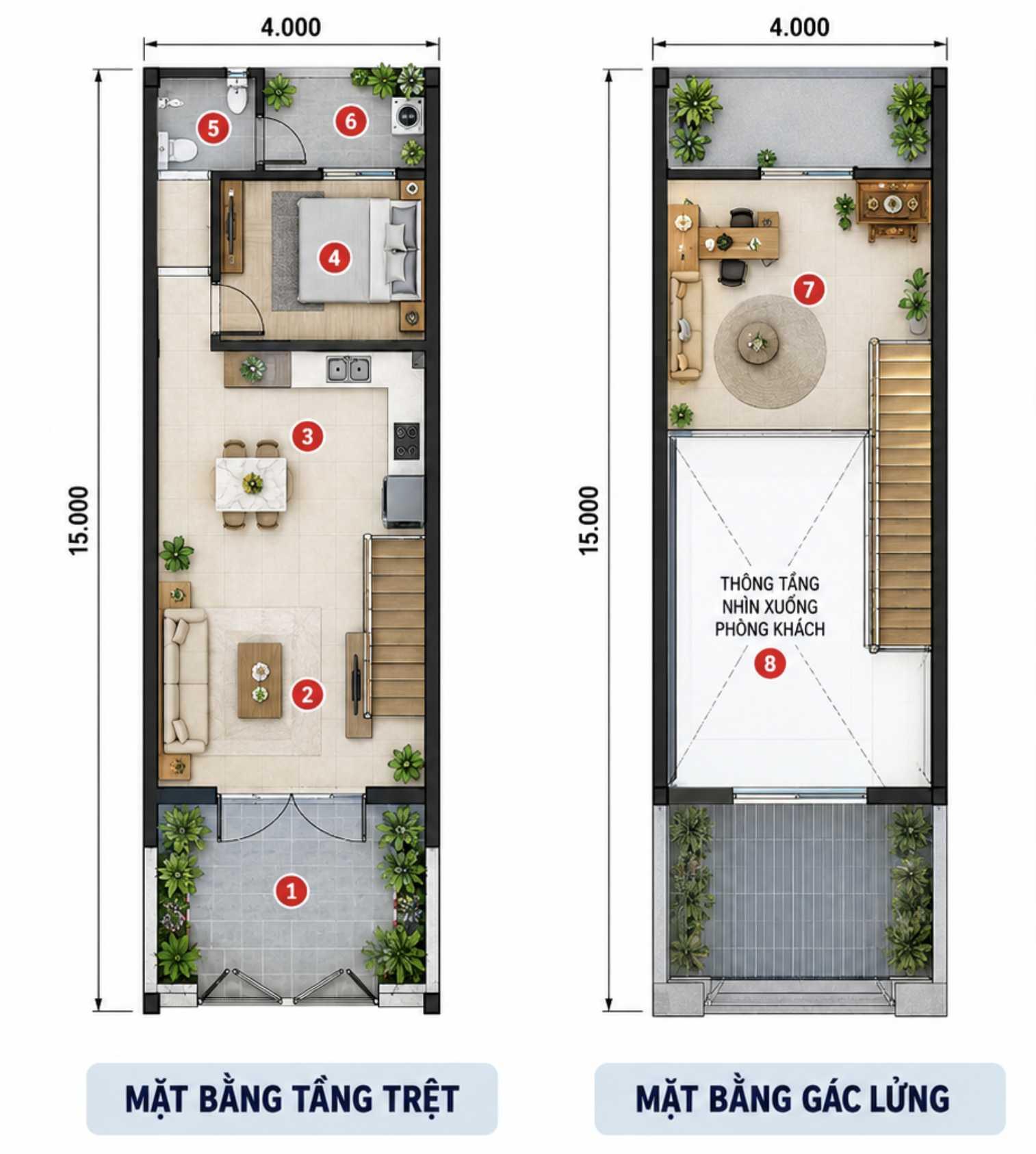 Bản vẽ mẫu nhà cấp 4 4x15 có gác lửng 1 phòng ngủ, phù hợp với gia đình nhỏ (Nguồn: Internet)