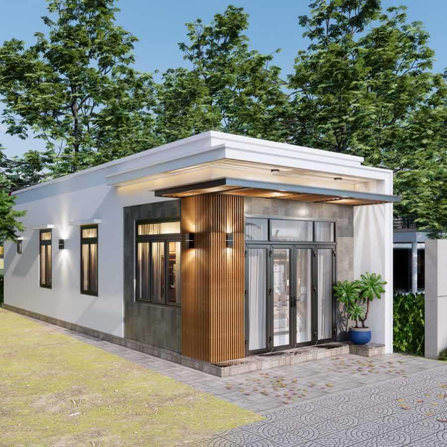 Nhà gác lửng ngang 4m kết hợp hiên trước giúp hạn chế nắng mưa hắt vào cửa chính (Nguồn: Internet)