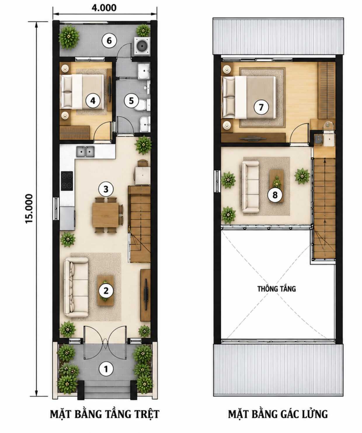 Bản vẽ mặt bằng nhà 4x15 có 1 phòng ngủ tầng trệt và 1 phòng ngủ trên gác lửng