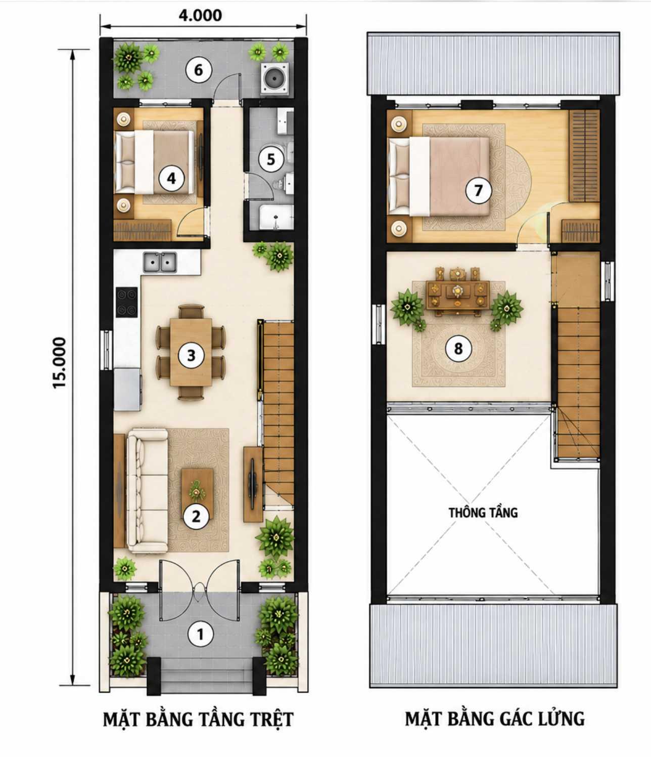 Bản vẽ mặt bằng nhà gác lửng 4x15 có 2 phòng ngủ và phòng thờ bố trí trên tầng lửng
