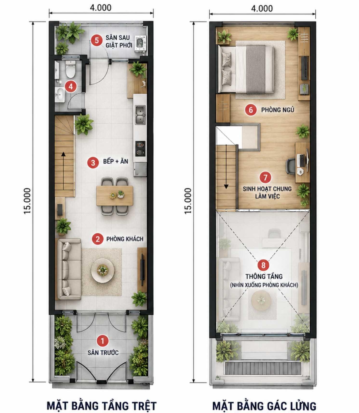 Bản vẽ mặt bằng nhà gác lửng 4x15 bố trí phòng khách và bếp liên thông không sử dụng tường ngăn