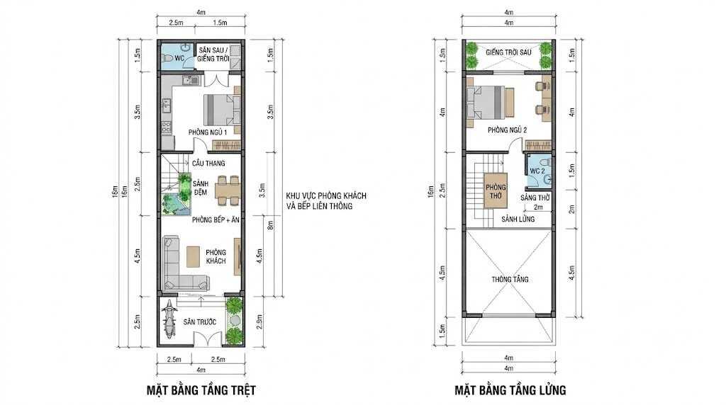 Bản vẽ mặt bằng nhà gác lửng 4x16 bố trí phòng khách và bếp liên thông