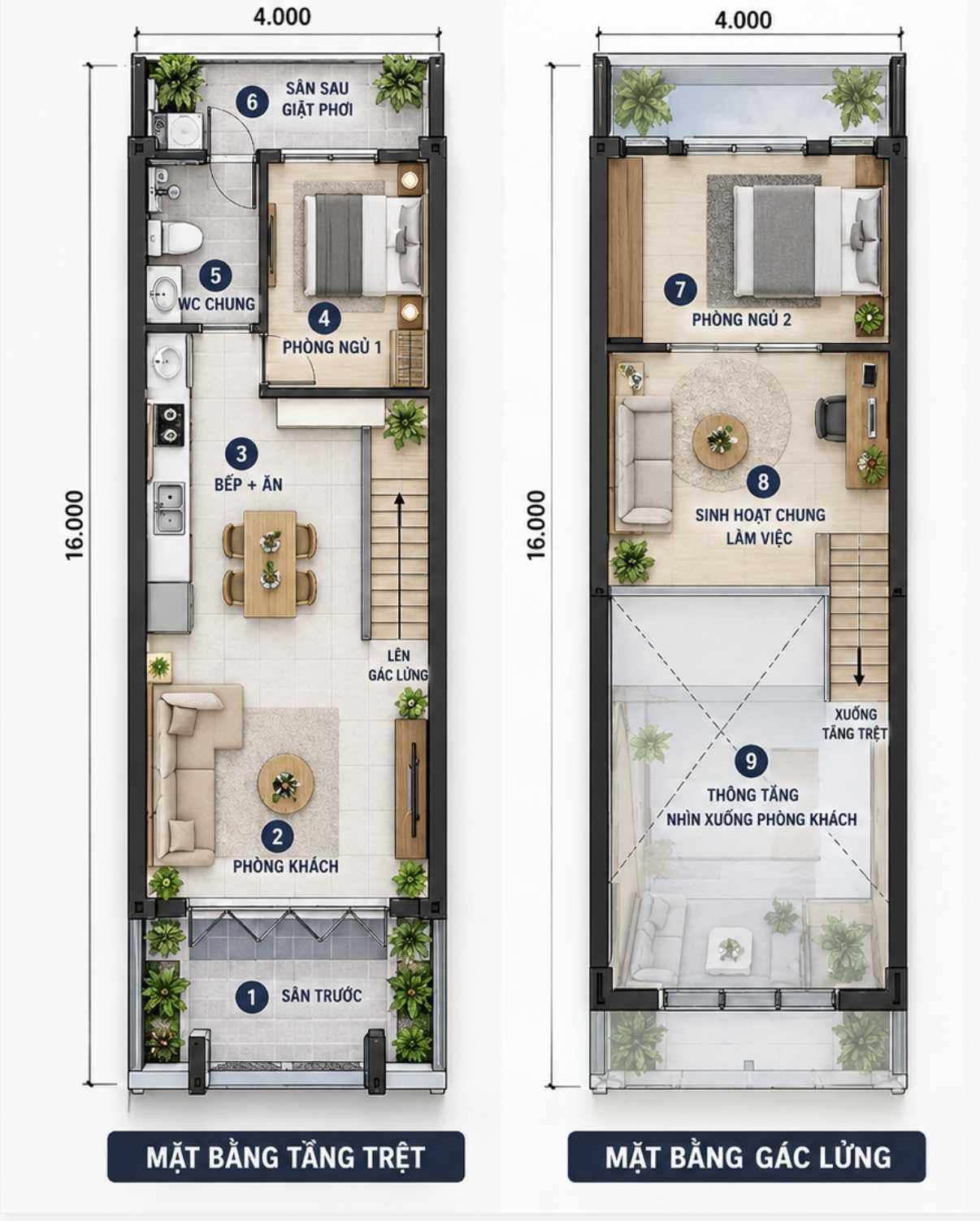Bản vẽ mặt bằng nhà 4x16 có 1 phòng ngủ tầng trệt và 1 phòng ngủ trên gác lửng (Nguồn: Internet)